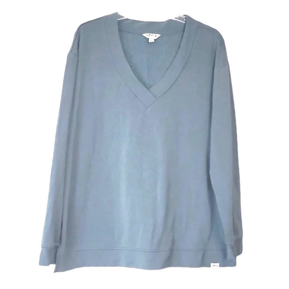 ORVIS Super Soft Fleece BLUE V-NECK SWEATSHIRT Dropped Shoulders GRAYISH BLUE S